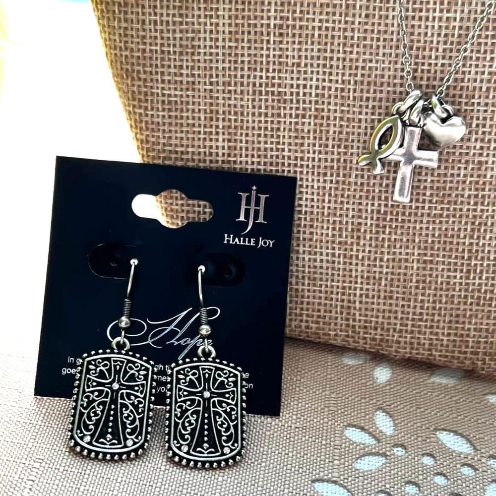 NWT Halle Joy Assured Cross Dangle Earrings & Symbols of Faith Necklace Set